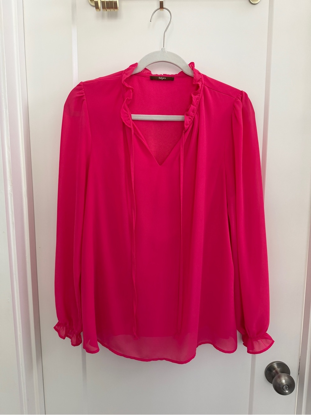 Bright Pink Ruffle V-Neck Long Sleeve Blouse